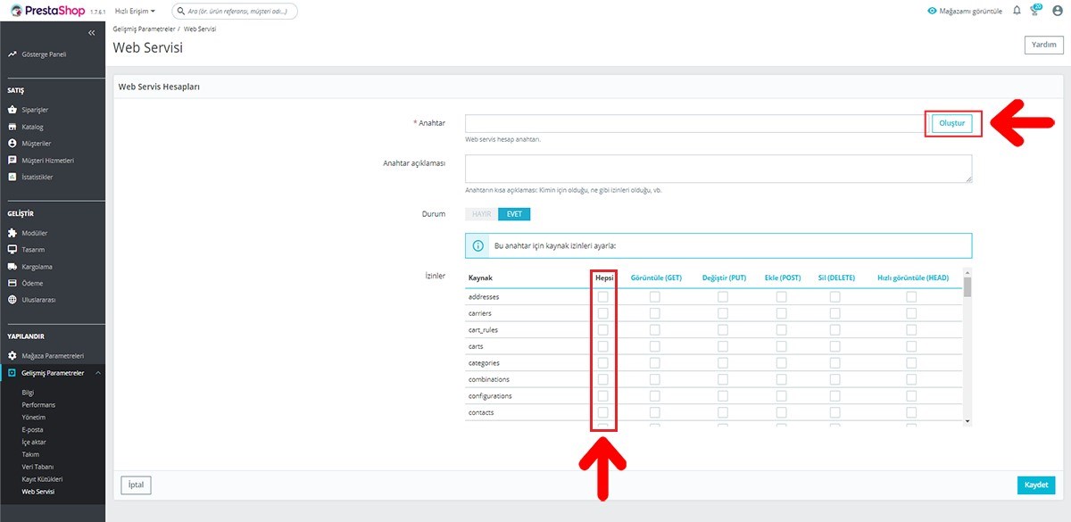 PrestaShop için Api Anahtarı Alma?