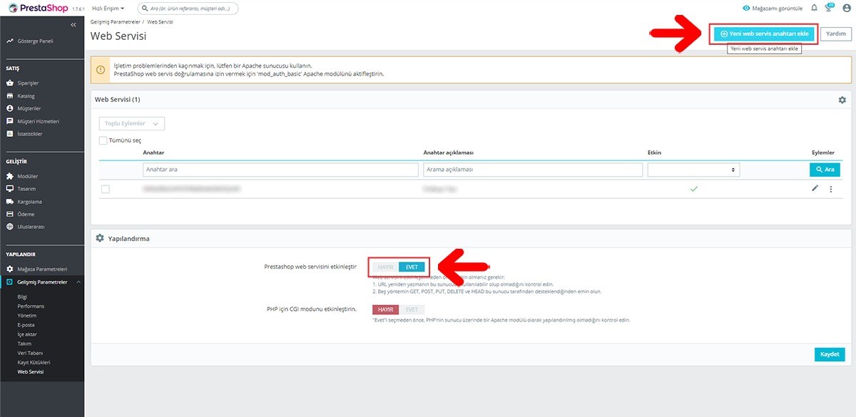 PrestaShop için Api Anahtarı Alma?